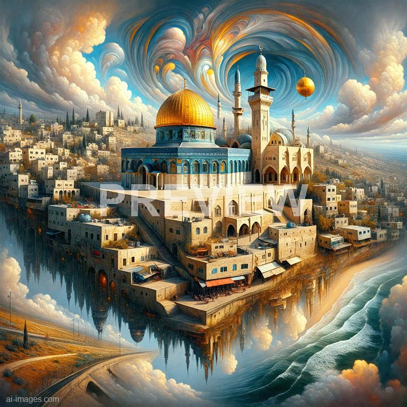 The image depicts a surreal scene of a grand mosque with a large golden dome, surrounded by multiple minarets, situated on a floating landmass. The cityscape extends into the background with numerous buildings and spires, and the sky above features swirling, colorful clouds and two floating orbs, creating a fantastical atmosphere. The reflection of the floating landmass can be seen in the water below, enhancing the dreamlike quality of the scene.